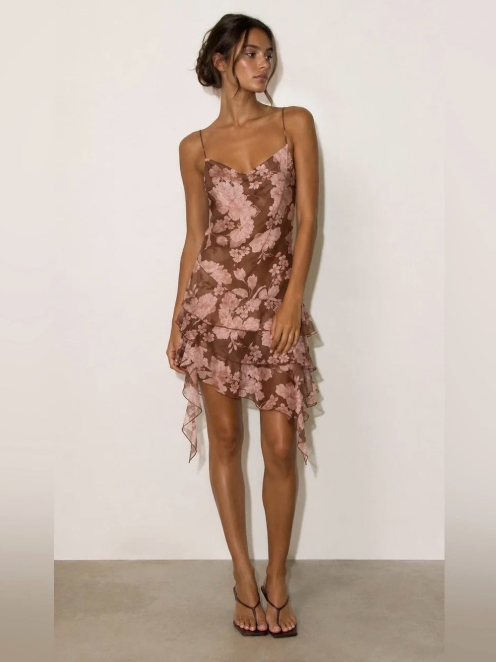 NWT Kirious Los Angeles Brown & Pink Floral Asymmetrical Mini Dress